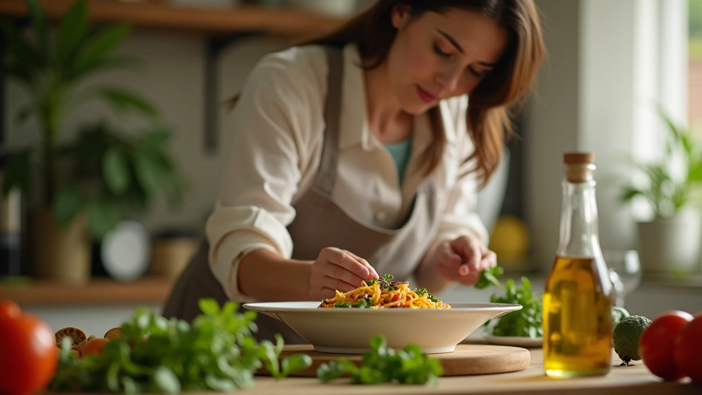 Donna che prepara un pasto mediterraneo con verdure fresche, olio d'oliva e ingredienti biologici, cucina italiana sana e consapevole