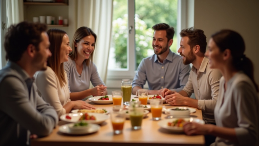 Persone che condividono un pasto insieme attorno a un tavolo in una casa italiana accogliente con luce naturale