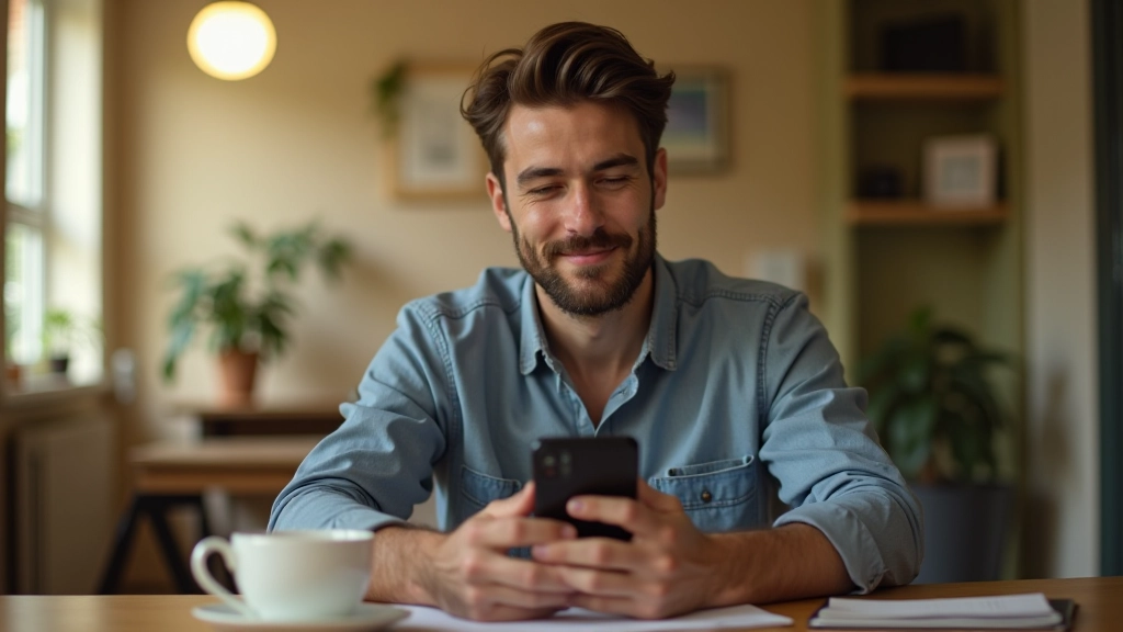 Persona che scrive un messaggio amichevole su uno smartphone, con una tazza di caffè sulla scrivania, atmosfera calma e riflessiva