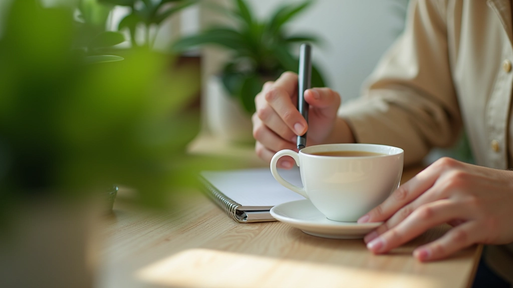 Persona che tiene un diario di riflessione con una tazza di tè in una stanza luminosa con piante verdi intorno