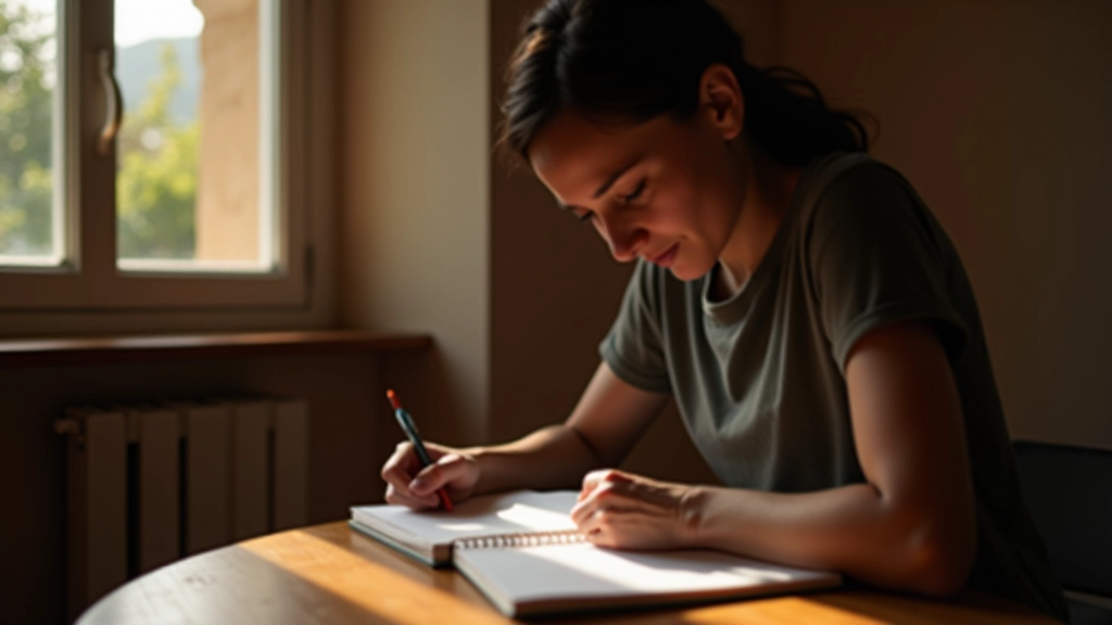 Persona che scrive in un diario, pratica riflessione e auto-consapevolezza in ambiente tranquillo
