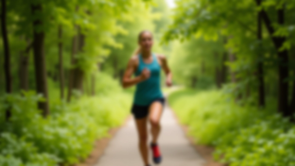 Persona che corre su un sentiero in natura, alberi verdi intorno, esercizio all'aperto, benessere fisico e mentale, luce naturale