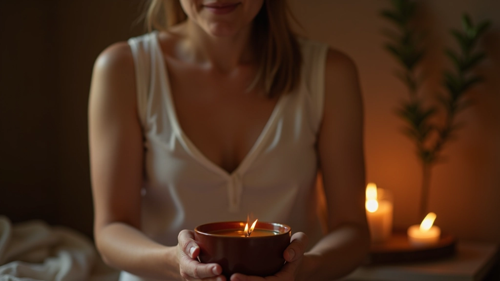Persona che medita in un ambiente tranquillo, candela accesa, tè caldo, rituale di recupero personale e consapevolezza