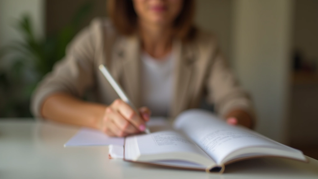 Persona che tiene un diario di benessere, penna in mano, lista di obiettivi di salute, pianificazione consapevole della routine giornaliera