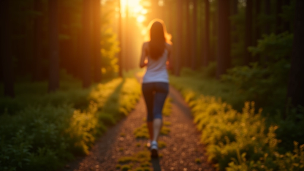 Donna che fa una passeggiata nella natura con alberi e sentiero illuminato dal sole durante il tramonto
